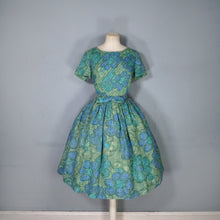 Load image into Gallery viewer, 60s GREEN FLORAL PRINT PIN TUCK DAY DRESS WITH BOW BELT - S