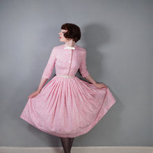 Load image into Gallery viewer, 50s FREDERICA STARKE of LONDON PINK AND CREAM SWIRLY SUN PRINT FULL SKIRTED SHIRT DRESS - XS