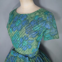 Load image into Gallery viewer, 60s GREEN FLORAL PRINT PIN TUCK DAY DRESS WITH BOW BELT - S