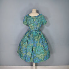 Load image into Gallery viewer, 60s GREEN FLORAL PRINT PIN TUCK DAY DRESS WITH BOW BELT - S