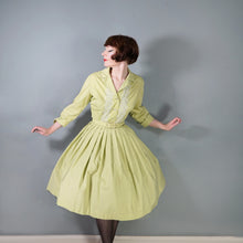Load image into Gallery viewer, 50s 60s JOHN SELBY LADY-ABOUT-TOWN PALE GREEN EMBROIDERED SHIRTWAIST DRESS WITH BELT - M