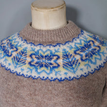 Load image into Gallery viewer, 70s LIGHT BROWN WOOL WITH BLUE AND YELLOW FAIRISLE YOKE JUMPER - S-M