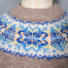 Load image into Gallery viewer, 70s LIGHT BROWN WOOL WITH BLUE AND YELLOW FAIRISLE YOKE JUMPER - S-M