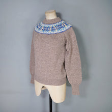 Load image into Gallery viewer, 70s LIGHT BROWN WOOL WITH BLUE AND YELLOW FAIRISLE YOKE JUMPER - S-M