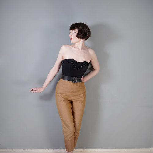 50s BLACK THICKER COTTON CORSET / BONED SUN TOP / BUSTIER - S