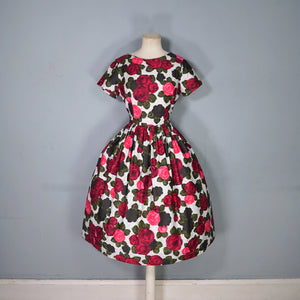 HANDMADE 60s POLKA DOT AND DARK RED ROSE PATTERN DRESS - S
