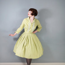 Load image into Gallery viewer, 50s 60s JOHN SELBY LADY-ABOUT-TOWN PALE GREEN EMBROIDERED SHIRTWAIST DRESS WITH BELT - M