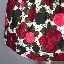 Load image into Gallery viewer, HANDMADE 60s POLKA DOT AND DARK RED ROSE PATTERN DRESS - S