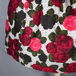 HANDMADE 60s POLKA DOT AND DARK RED ROSE PATTERN DRESS - S