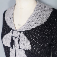 Load image into Gallery viewer, HANDKNITTED 20s style SCHIAPARELLI TROMP L'OEIL CRAVAT JUMPER IN CHARCOAL WOOL - S