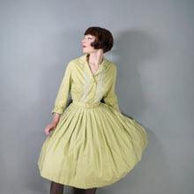 Load image into Gallery viewer, 50s 60s JOHN SELBY LADY-ABOUT-TOWN PALE GREEN EMBROIDERED SHIRTWAIST DRESS WITH BELT - M