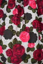 Load image into Gallery viewer, HANDMADE 60s POLKA DOT AND DARK RED ROSE PATTERN DRESS - S