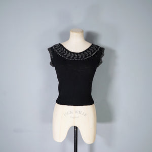 50s FINE KNIT BLACK BEADED EVENING JUMPER TOP - XS-S