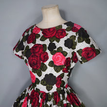 Load image into Gallery viewer, HANDMADE 60s POLKA DOT AND DARK RED ROSE PATTERN DRESS - S