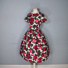 Load image into Gallery viewer, HANDMADE 60s POLKA DOT AND DARK RED ROSE PATTERN DRESS - S