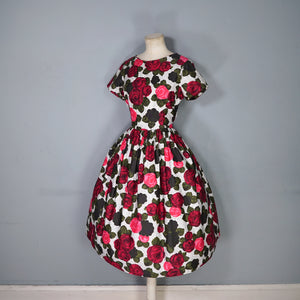 HANDMADE 60s POLKA DOT AND DARK RED ROSE PATTERN DRESS - S