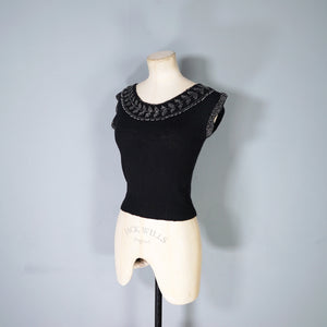 50s FINE KNIT BLACK BEADED EVENING JUMPER TOP - XS-S