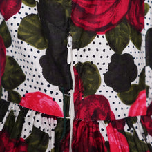 Load image into Gallery viewer, HANDMADE 60s POLKA DOT AND DARK RED ROSE PATTERN DRESS - S