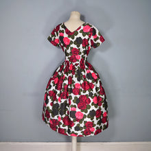 Load image into Gallery viewer, HANDMADE 60s POLKA DOT AND DARK RED ROSE PATTERN DRESS - S
