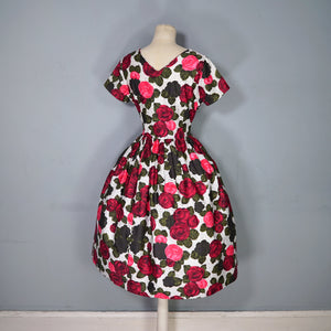 HANDMADE 60s POLKA DOT AND DARK RED ROSE PATTERN DRESS - S