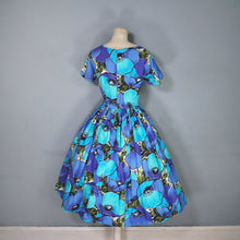 Load image into Gallery viewer, 50s 60s HANDMADE VIVID LARGE BLUE AND TURQUOUISE FLORAL FULL SKIRTED DRESS - XS-S