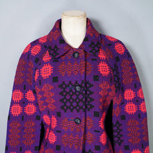 Load image into Gallery viewer, 60s 70s WELSH WOOLLENS BRIGHT PURPLE AND PINK WOOL TAPESTRY CAPE COAT -