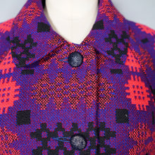Load image into Gallery viewer, 60s 70s WELSH WOOLLENS BRIGHT PURPLE AND PINK WOOL TAPESTRY CAPE COAT -