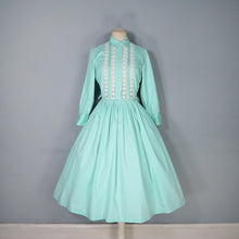 Load image into Gallery viewer, 50s 60s PASTEL APPLE GREEN SLEEVED FULL SKIRTED SHIRT DRESS WITH LACE BANDS - S