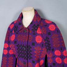 Load image into Gallery viewer, 60s 70s WELSH WOOLLENS BRIGHT PURPLE AND PINK WOOL TAPESTRY CAPE COAT -