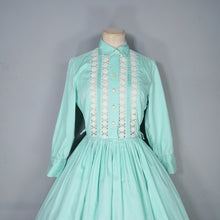 Load image into Gallery viewer, 50s 60s PASTEL APPLE GREEN SLEEVED FULL SKIRTED SHIRT DRESS WITH LACE BANDS - S