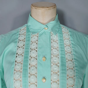 50s 60s PASTEL APPLE GREEN SLEEVED FULL SKIRTED SHIRT DRESS WITH LACE BANDS - S