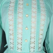 Load image into Gallery viewer, 50s 60s PASTEL APPLE GREEN SLEEVED FULL SKIRTED SHIRT DRESS WITH LACE BANDS - S