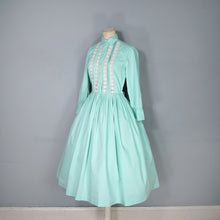 Load image into Gallery viewer, 50s 60s PASTEL APPLE GREEN SLEEVED FULL SKIRTED SHIRT DRESS WITH LACE BANDS - S