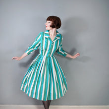 Load image into Gallery viewer, 50s 60s COLOURFUL GREEN AND WHITE STRIPE SHIRTWAIST WITH FULL SKIRT - S