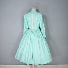 Load image into Gallery viewer, 50s 60s PASTEL APPLE GREEN SLEEVED FULL SKIRTED SHIRT DRESS WITH LACE BANDS - S