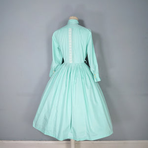 50s 60s PASTEL APPLE GREEN SLEEVED FULL SKIRTED SHIRT DRESS WITH LACE BANDS - S