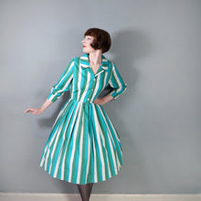 Load image into Gallery viewer, 50s 60s COLOURFUL GREEN AND WHITE STRIPE SHIRTWAIST WITH FULL SKIRT - S