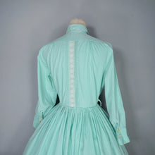Load image into Gallery viewer, 50s 60s PASTEL APPLE GREEN SLEEVED FULL SKIRTED SHIRT DRESS WITH LACE BANDS - S