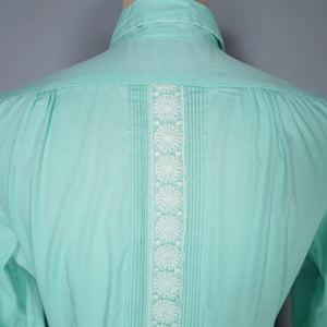 50s 60s PASTEL APPLE GREEN SLEEVED FULL SKIRTED SHIRT DRESS WITH LACE BANDS - S