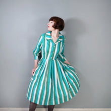 Load image into Gallery viewer, 50s 60s COLOURFUL GREEN AND WHITE STRIPE SHIRTWAIST WITH FULL SKIRT - S