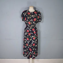 Load image into Gallery viewer, 40s ROSE AND BIRD PRINT BLACK RAYON PEPLUM TEA DRESS - M
