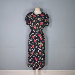40s ROSE AND BIRD PRINT BLACK RAYON PEPLUM TEA DRESS - M