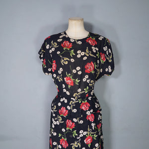40s ROSE AND BIRD PRINT BLACK RAYON PEPLUM TEA DRESS - M