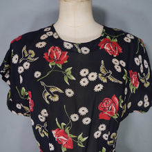 Load image into Gallery viewer, 40s ROSE AND BIRD PRINT BLACK RAYON PEPLUM TEA DRESS - M
