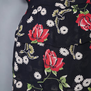 40s ROSE AND BIRD PRINT BLACK RAYON PEPLUM TEA DRESS - M