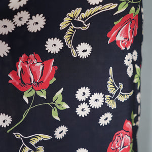 40s ROSE AND BIRD PRINT BLACK RAYON PEPLUM TEA DRESS - M