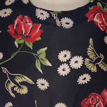 Load image into Gallery viewer, 40s ROSE AND BIRD PRINT BLACK RAYON PEPLUM TEA DRESS - M