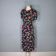 Load image into Gallery viewer, 40s ROSE AND BIRD PRINT BLACK RAYON PEPLUM TEA DRESS - M
