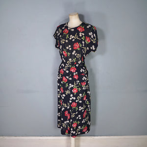 40s ROSE AND BIRD PRINT BLACK RAYON PEPLUM TEA DRESS - M