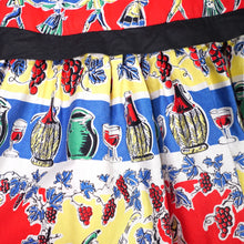 Load image into Gallery viewer, 50s "DOWNS" COLOURFUL RED WINE BOTTLES AND DRINKERS NOVELTY PRINT DRESS - S